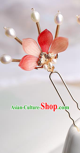 Chinese Classical Palace Red Flower Hair Sticks Handmade Hanfu Hair Accessories Ancient Song Dynasty Princess Hairpins