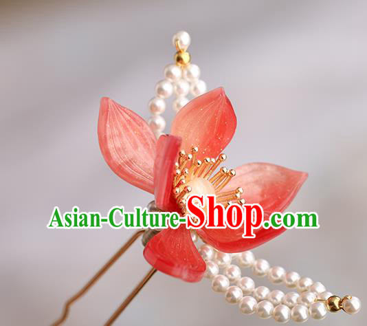 Chinese Classical Palace Red Lotus Hair Sticks Handmade Hanfu Hair Accessories Ancient Song Dynasty Princess Hairpins