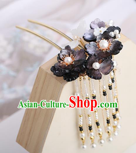 Chinese Classical Palace Tassel Hair Sticks Handmade Hanfu Hair Accessories Ancient Ming Dynasty Princess Black Flowers Hairpins