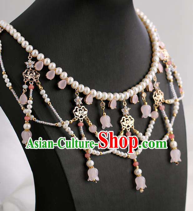 Chinese Handmade Pink Convallaria Necklet Classical Jewelry Accessories Ancient Ming Dynasty Princess Hanfu Pearls Necklace for Women