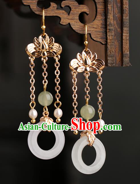 Chinese Handmade White Jade Earrings Classical Ear Accessories Hanfu Ming Dynasty Empress Golden Lotus Eardrop