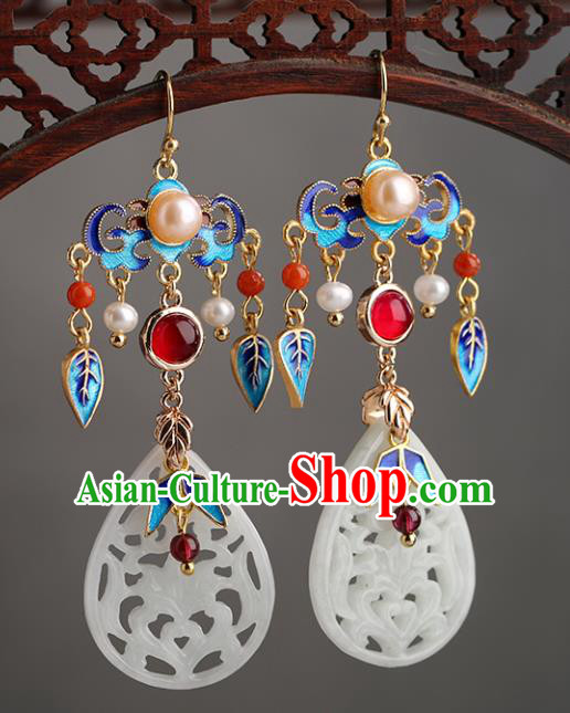 Chinese Handmade Blueing Earrings Classical Ear Accessories Hanfu Ming Dynasty Empress Jade Eardrop