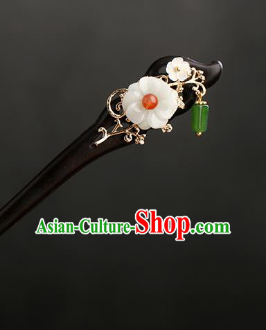 Chinese Classical Palace Jade Plum Tassel Hair Sticks Handmade Hanfu Hair Accessories Ancient Ming Dynasty Princess Ebony Hairpins