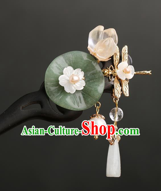 Chinese Classical Palace Jade Lotus Leaf Hair Sticks Handmade Hanfu Hair Accessories Ancient Ming Dynasty Princess Ebony Hairpins