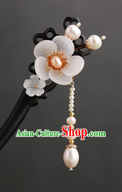 Chinese Classical Palace Plum Ebony Hair Sticks Handmade Hanfu Hair Accessories Ancient Ming Dynasty Princess Pearls Tassel Hairpins