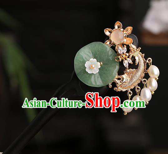 Chinese Classical Palace Golden Fish Hair Sticks Handmade Hanfu Hair Accessories Ancient Ming Dynasty Princess Jade Lotus Leaf Ebony Hairpins