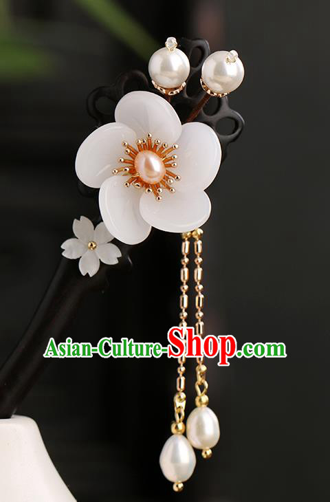 Chinese Classical Palace Pearl Plum Hair Sticks Handmade Hanfu Hair Accessories Ancient Ming Dynasty Princess Ebony Hairpins