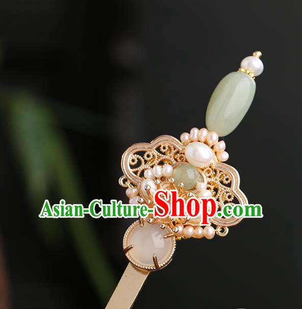 Chinese Classical Palace Jade Pearls Hair Sticks Handmade Hanfu Hair Accessories Ancient Ming Dynasty Princess Golden Hairpins