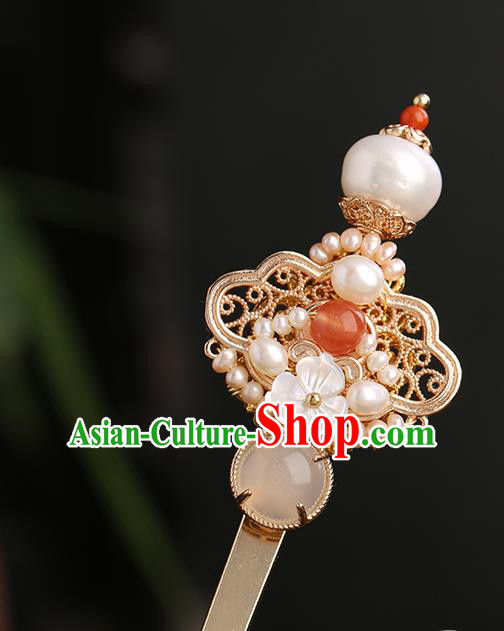 Chinese Classical Palace Pearls Hair Sticks Handmade Hanfu Hair Accessories Ancient Ming Dynasty Princess Golden Hairpins