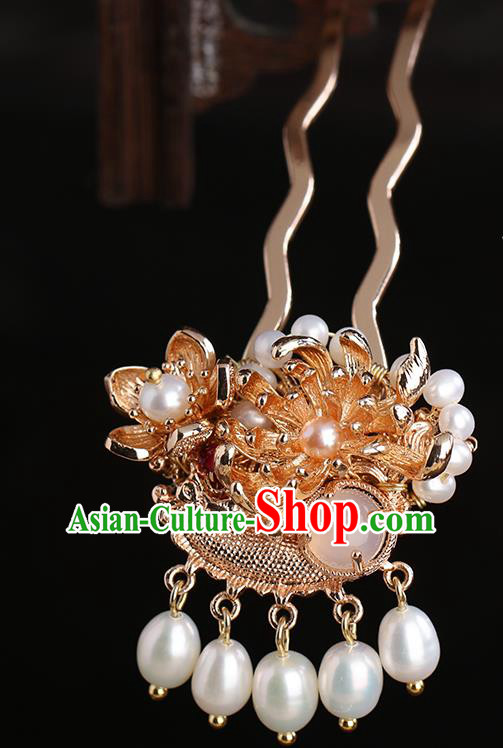 Chinese Classical Palace Chrysanthemum Hair Sticks Handmade Hanfu Hair Accessories Ancient Ming Dynasty Princess Golden Pearls Hairpins