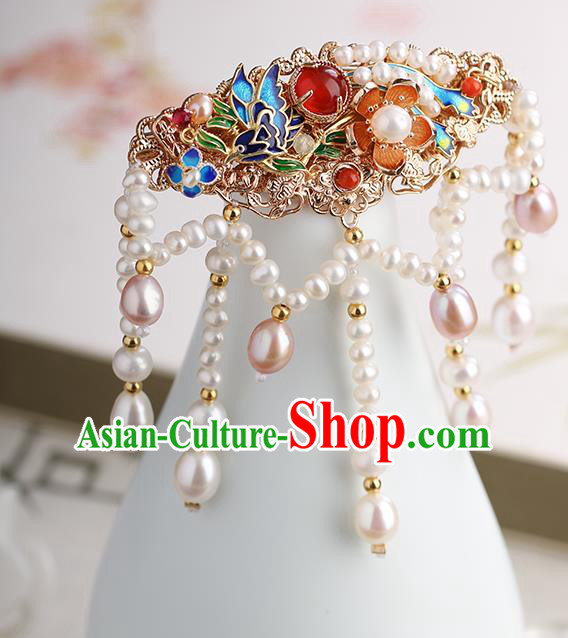 Chinese Classical Palace Blueing Long Tassel Hair Sticks Handmade Hanfu Hair Accessories Ancient Ming Dynasty Princess Shell Pearls Hairpins