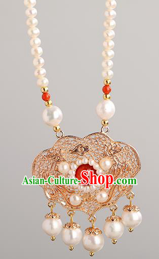 Chinese Handmade Golden Garnet Necklet Classical Jewelry Accessories Ancient Ming Dynasty Princess Hanfu Pearls Necklace for Women