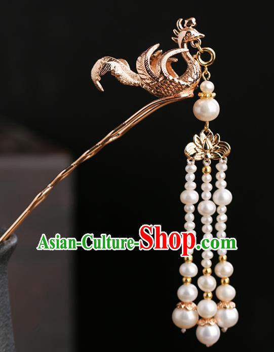 Chinese Classical Palace Phoenix Hair Sticks Handmade Hanfu Hair Accessories Ancient Ming Dynasty Princess Pearls Tassel Golden Hairpins