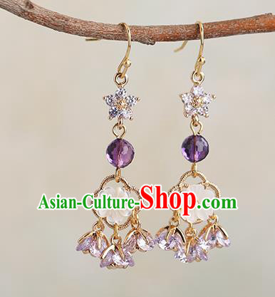 Chinese Handmade Purple Crystal Earrings Classical Ear Accessories Hanfu Ming Dynasty Princess Eardrop