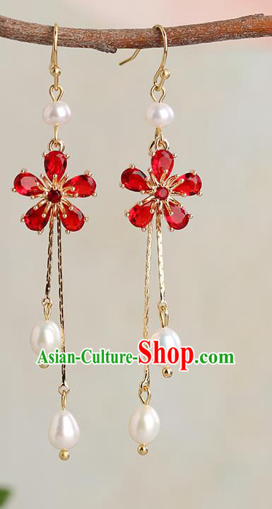 Chinese Handmade Red Crystal Earrings Classical Ear Accessories Hanfu Ming Dynasty Princess Plum Eardrop