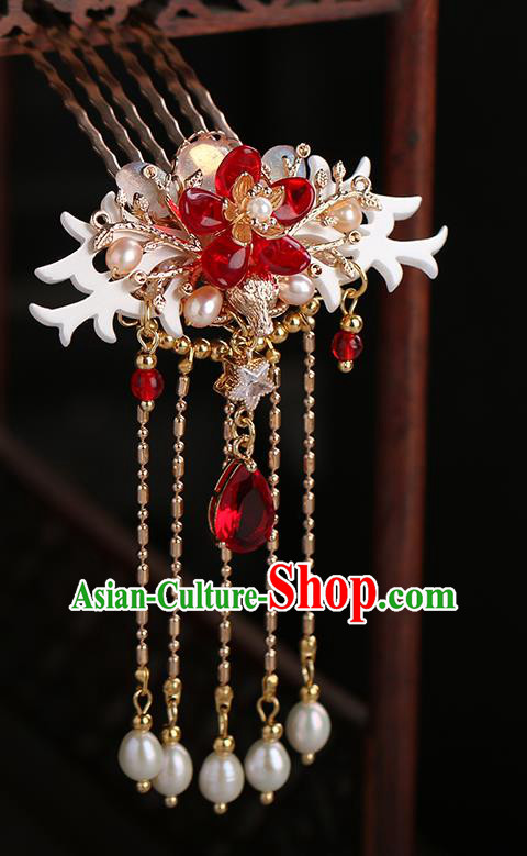 Chinese Classical Palace Shell Hair Comb Handmade Hanfu Hair Accessories Ancient Ming Dynasty Princess Red Crystal Tassel Hairpins