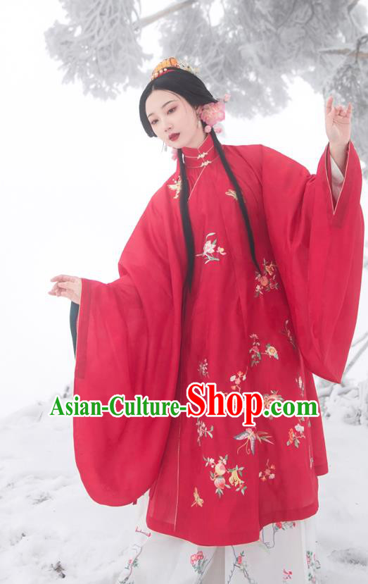 Chinese Ming Dynasty Historical Costumes Traditional Ancient Noble Lady Embroidered Red Gown and Skirt Hanfu Apparels Full Set