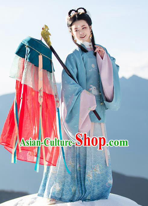 Chinese Ancient Patrician Lady Historical Costumes Traditional Ming Dynasty Hanfu Apparels Embroidered Blue Blouse and Skirt Complete Set