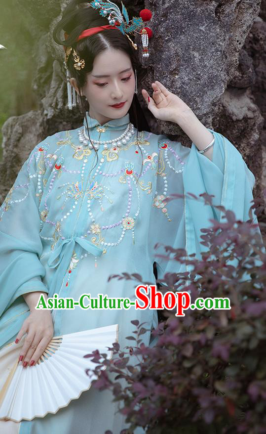 Chinese Ancient Imperial Concubine Historical Costumes Traditional Ming Dynasty Court Women Hanfu Apparels Embroidered Blue Gown and Skirt Full Set