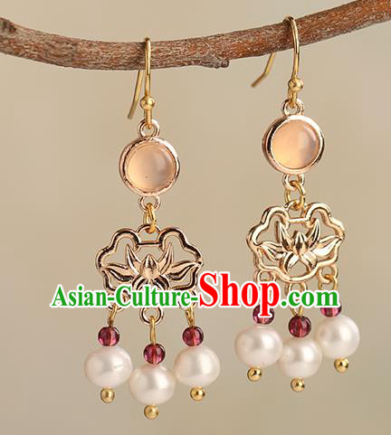 Chinese Handmade Garnet Earrings Classical Ear Accessories Hanfu Ming Dynasty Princess Golden Lotus Eardrop