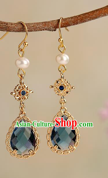 Chinese Handmade Earrings Classical Ear Accessories Hanfu Ming Dynasty Princess Blue Gem Eardrop