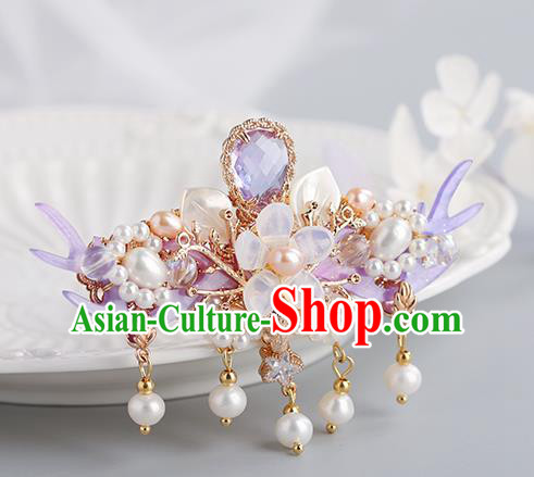 Chinese Classical Palace Purple Hair Crown Handmade Hanfu Hair Accessories Ancient Ming Dynasty Princess Crystal Hairpins