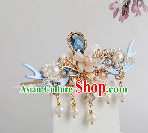 Chinese Classical Palace Blue Hair Crown Handmade Hanfu Hair Accessories Ancient Ming Dynasty Princess Crystal Hairpins