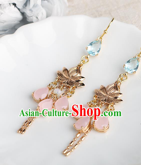 Chinese Handmade Golden Lotus Earrings Classical Ear Accessories Hanfu Ming Dynasty Princess Blue Crystal Eardrop