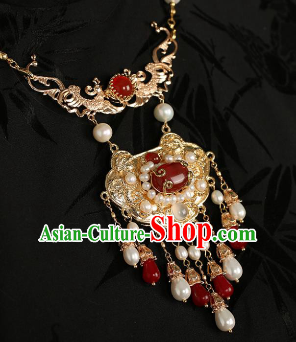 Chinese Handmade Pearls Tassel Necklet Classical Jewelry Accessories Ancient Ming Dynasty Princess Hanfu Agate Golden Necklace for Women