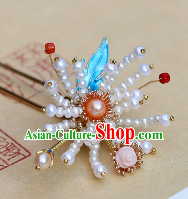 Chinese Classical Palace Chrysanthemum Hair Stick Handmade Hanfu Hair Accessories Ancient Ming Dynasty Princess Pearl Hairpins