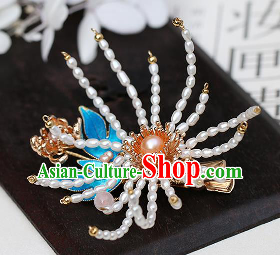 Chinese Classical Palace Chrysanthemum Hair Stick Handmade Hanfu Hair Accessories Ancient Ming Dynasty Princess Pearls Hairpins