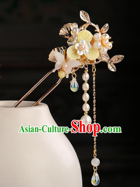 Chinese Classical Palace Pearls Tassel Hair Stick Handmade Hanfu Hair Accessories Ancient Ming Dynasty Princess Shell Butterfly Hairpins