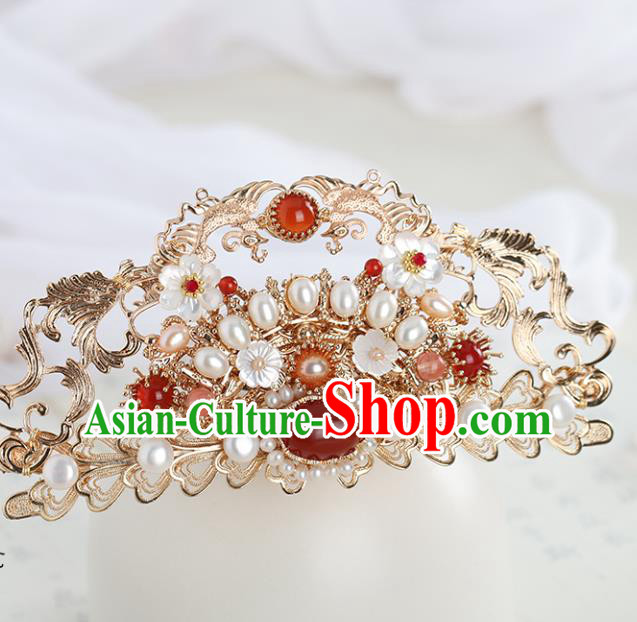 Chinese Classical Palace Pearls Hair Crown Handmade Hanfu Hair Accessories Ancient Tang Dynasty Princess Agate Golden Hairpins