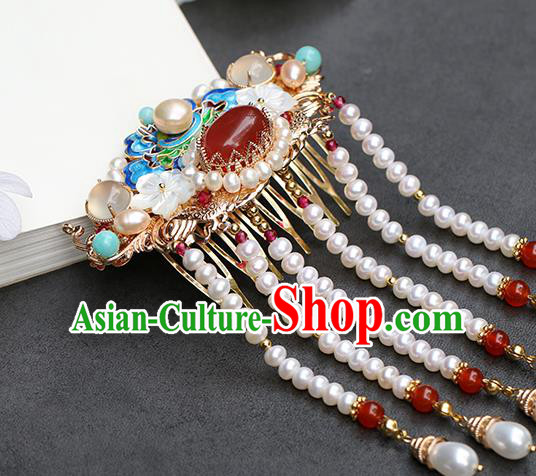 Chinese Classical Palace Blueing Peony Hair Comb Handmade Hanfu Hair Accessories Ancient Qing Dynasty Princess Tassel Hairpins