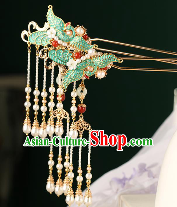 Chinese Classical Palace Blueing Crane Hair Stick Handmade Hanfu Hair Accessories Ancient Ming Dynasty Empress Pearls Tassel Hairpins