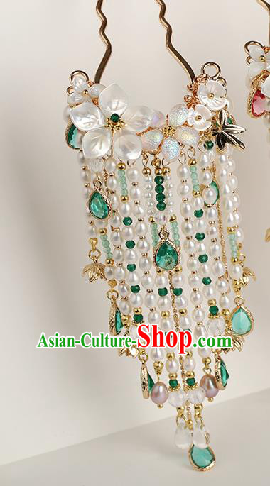 Chinese Classical Palace Green Crystal Pearls Tassel Hair Stick Handmade Hanfu Hair Accessories Ancient Ming Dynasty Empress Hairpins