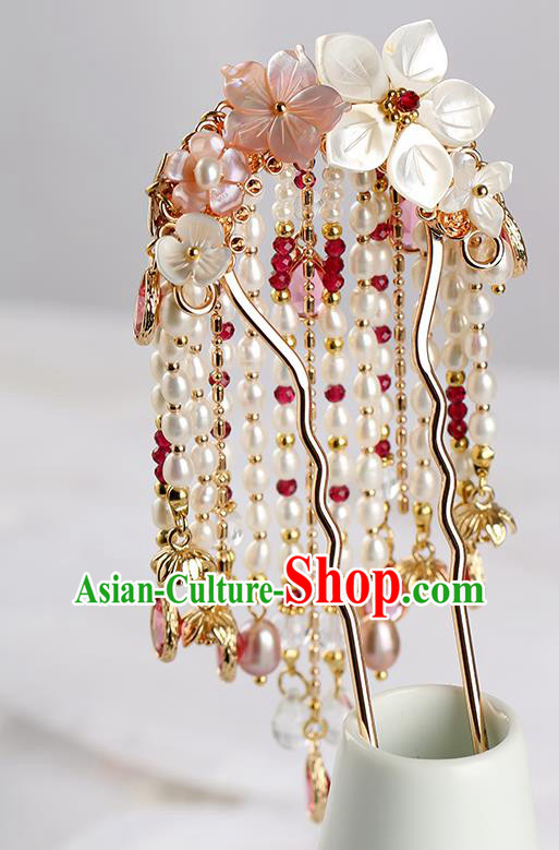 Chinese Classical Palace Pink Crystal Pearls Tassel Hair Stick Handmade Hanfu Hair Accessories Ancient Ming Dynasty Empress Hairpins