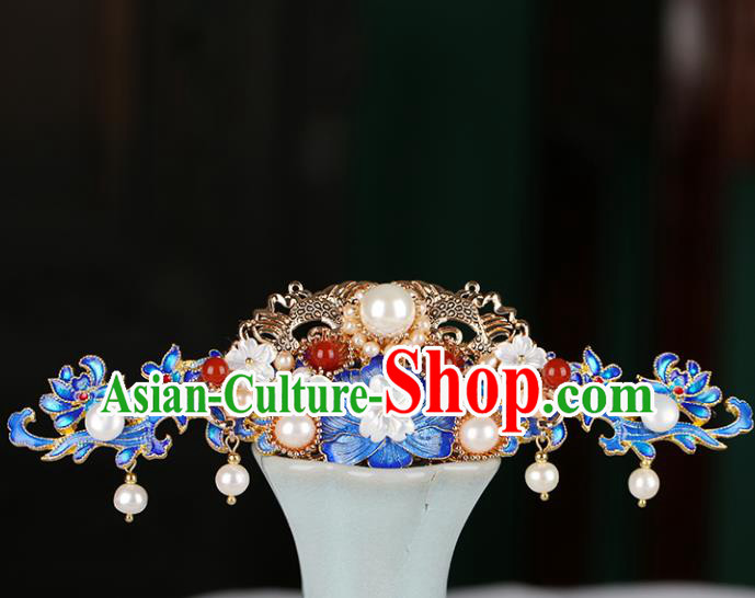 Chinese Classical Palace Blueing Peony Hair Crown Handmade Hanfu Hair Accessories Ancient Qing Dynasty Princess Agate Pearls Hairpins