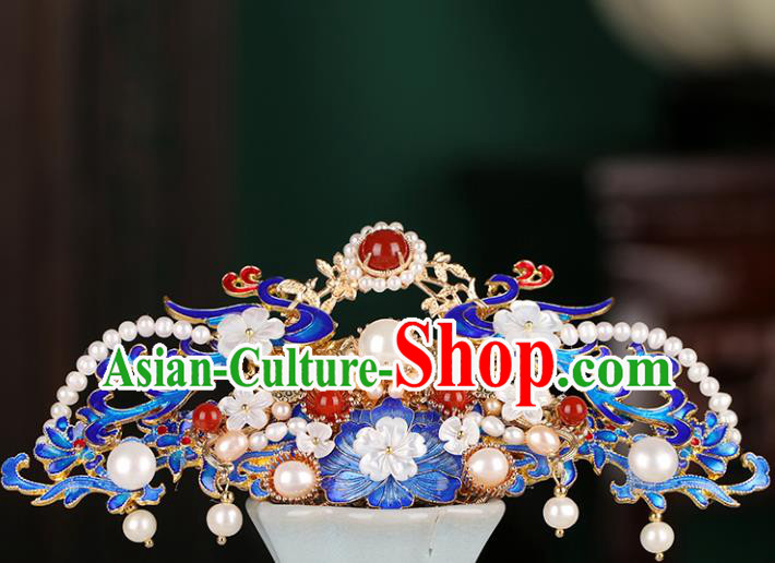 Chinese Classical Palace Blueing Phoenix Peony Hair Crown Handmade Hanfu Hair Accessories Ancient Qing Dynasty Princess Agate Pearls Hairpins