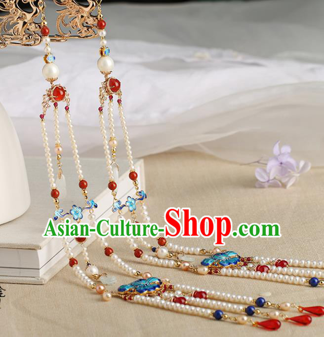 Chinese Classical Palace Phoenix Tassel Hair Stick Handmade Hanfu Hair Accessories Ancient Ming Dynasty Empress Pearls Hairpins