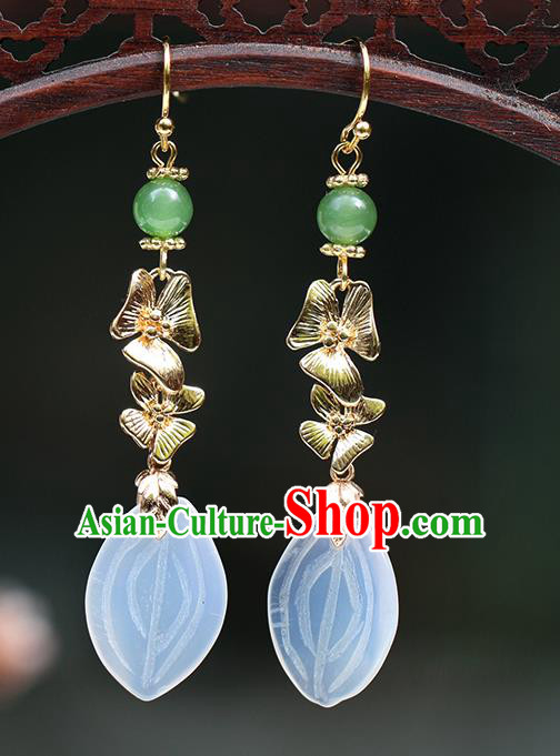Chinese Handmade White Jade Earrings Classical Ear Accessories Hanfu Qing Dynasty Princess Lotus Petal Eardrop
