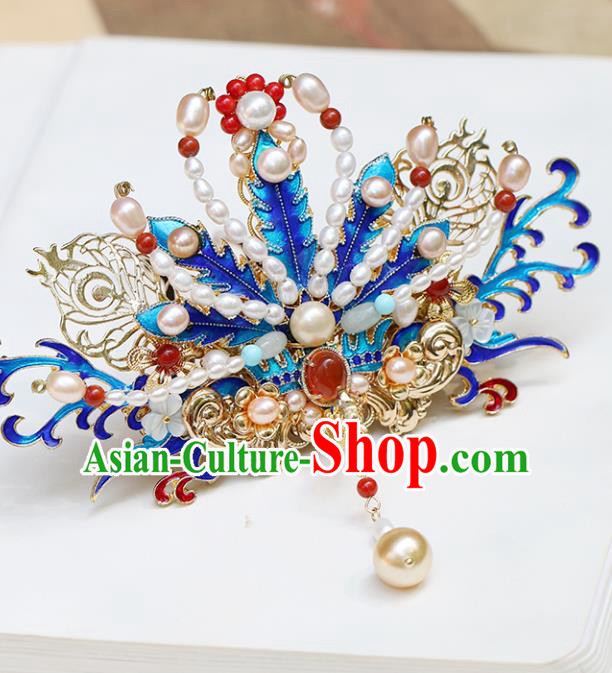 Chinese Classical Palace Blueing Phoenix Hair Crown Handmade Hanfu Hair Accessories Ancient Ming Dynasty Empress Gems Pearls Hairpins