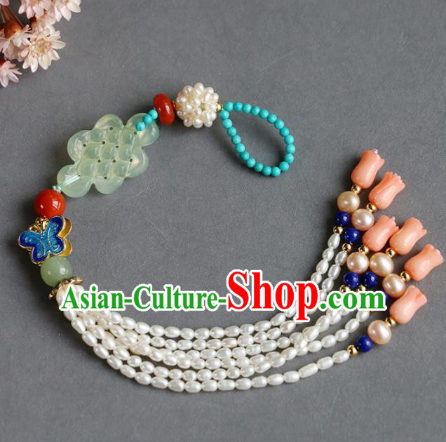 Chinese Handmade Classical Blueing Butterfly Pendant Jewelry Accessories Ancient Ming Dynasty Hanfu Jade Pearls Tassel Brooch for Women