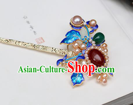 Chinese Classical Palace Jade Pearls Hair Stick Handmade Hanfu Hair Accessories Ancient Ming Dynasty Empress Gems Blueing Hairpins