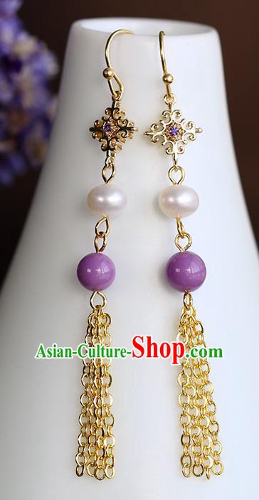 Chinese Handmade Golden Tassel Earrings Classical Ear Accessories Hanfu Qing Dynasty Princess Purple Bead Eardrop