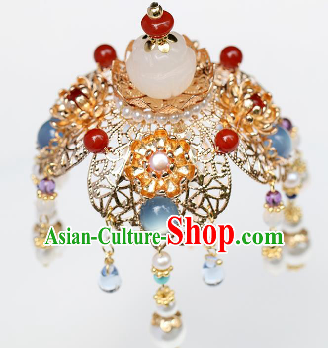 Chinese Classical Palace Jade Hair Crown Handmade Hanfu Hair Accessories Ancient Tang Dynasty Empress Gems Golden Hairpins