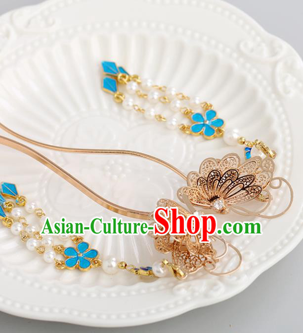 Chinese Classical Palace Golden Butterfly Hair Stick Handmade Hanfu Hair Accessories Ancient Ming Dynasty Princess Tassel Hairpins