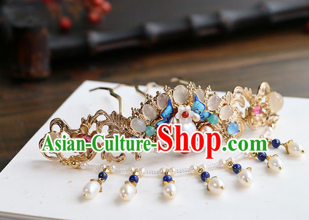 Chinese Classical Palace Gems Hair Stick Handmade Hanfu Hair Accessories Ancient Ming Dynasty Princess Chalcedony Hair Crown Hairpins