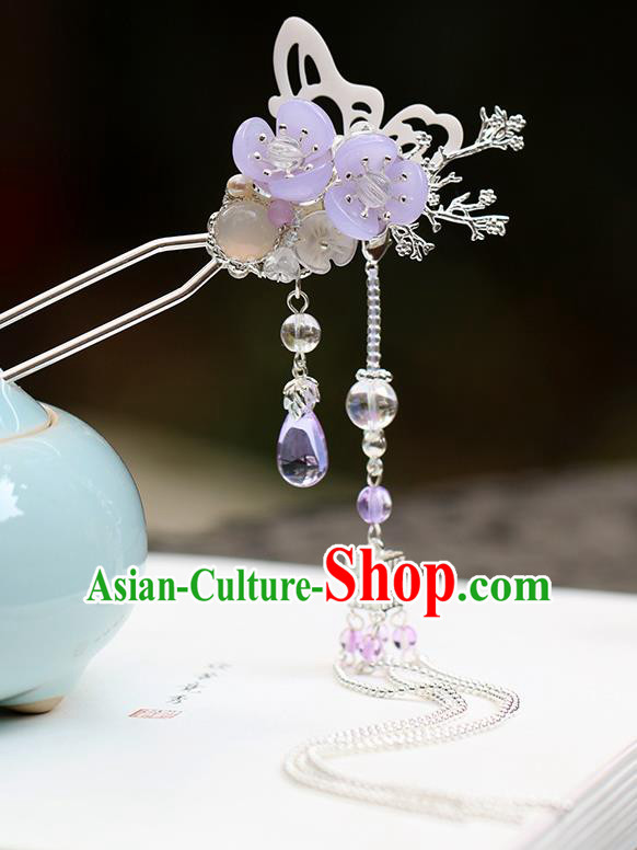 Chinese Classical Palace Purple Plum Hair Stick Handmade Hanfu Hair Accessories Ancient Ming Dynasty Princess Argent Tassel Hairpins