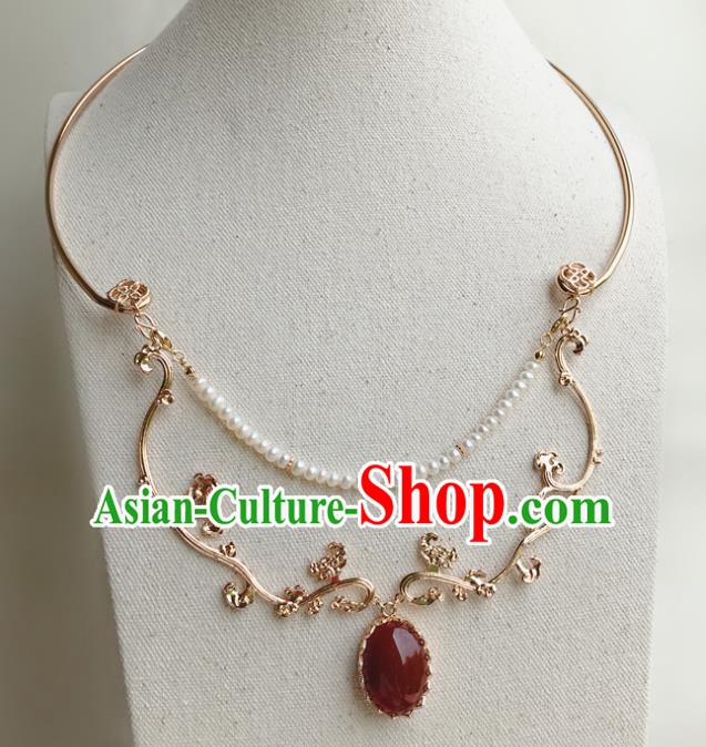 Chinese Handmade Hanfu Agate Golden Necklet Classical Jewelry Accessories Ancient Ming Dynasty Princess Pearls Necklace for Women